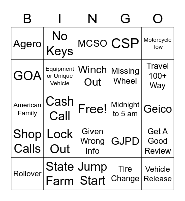 Towing Bingo Card