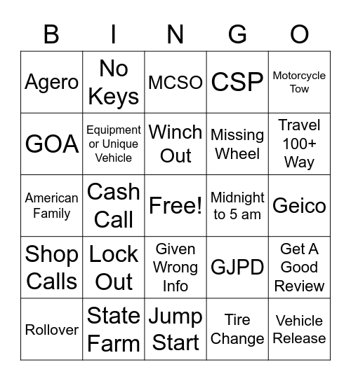 Towing Bingo Card