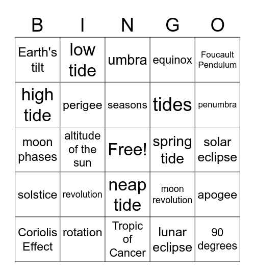 Earth Motion Bingo Card