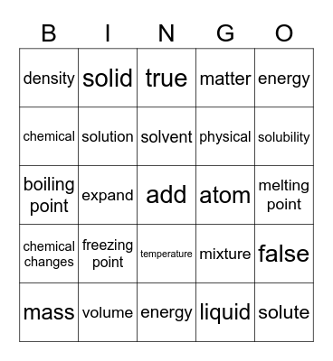 Matter- Unit 1- Montoya Science Core 2 Bingo Card