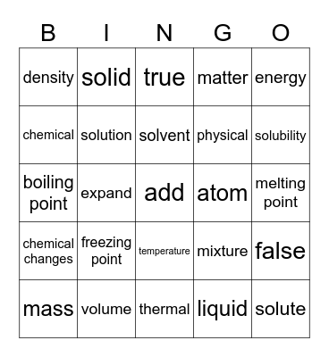 Matter- Unit 1- Montoya Science Core 2 Bingo Card