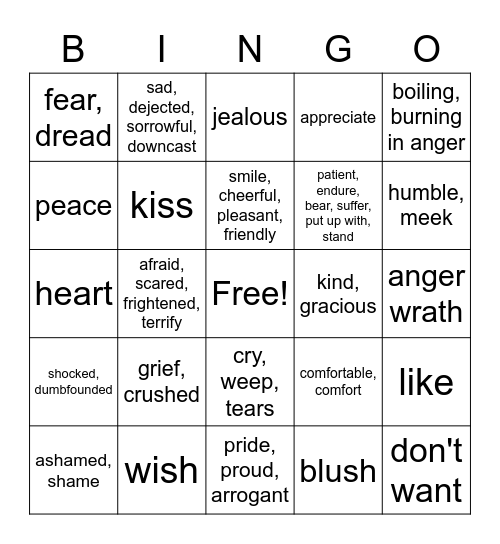 Chapter 5 Emotion and Feeling Bingo Card