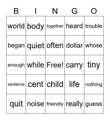 2 B Tricky Words Bingo Card
