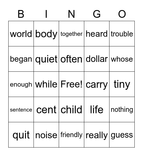 2 B Tricky Words Bingo Card