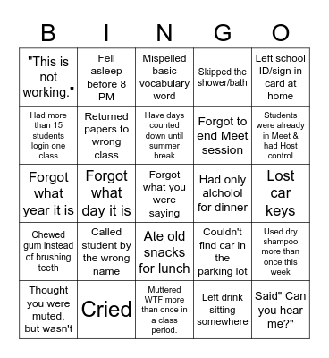 KBHS Tired Teacher Bingo Card