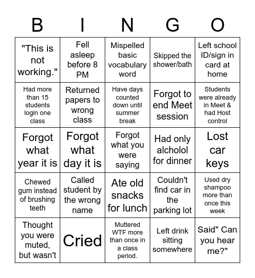 KBHS Tired Teacher Bingo Card