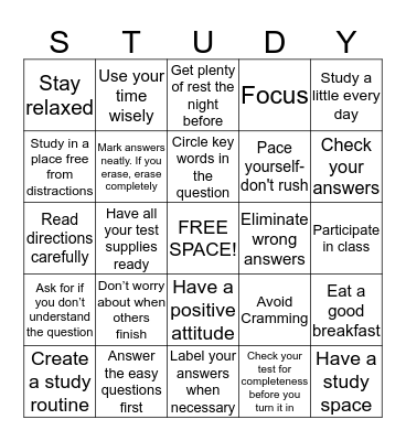 Test Taking Bingo Card