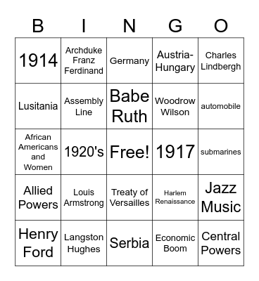 World War I Bingo Card