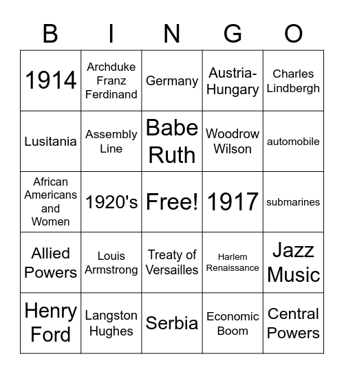 World War I Bingo Card