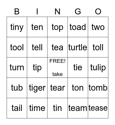 Initial T Bingo Card