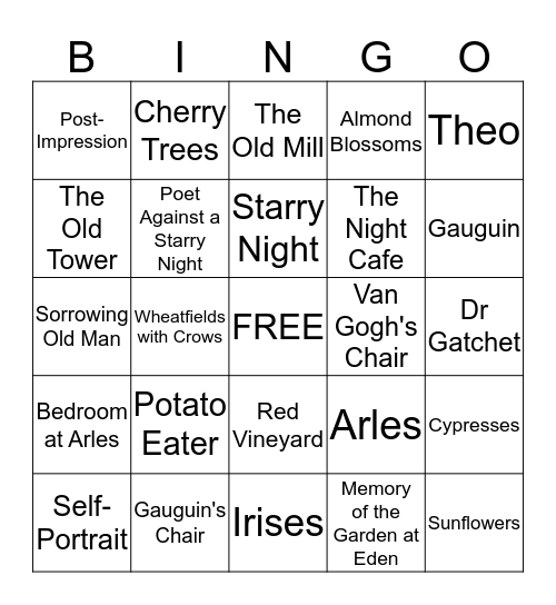 Van Gogh Bingo Card