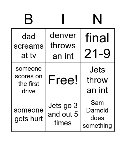 Jets and Broncos bingo Card