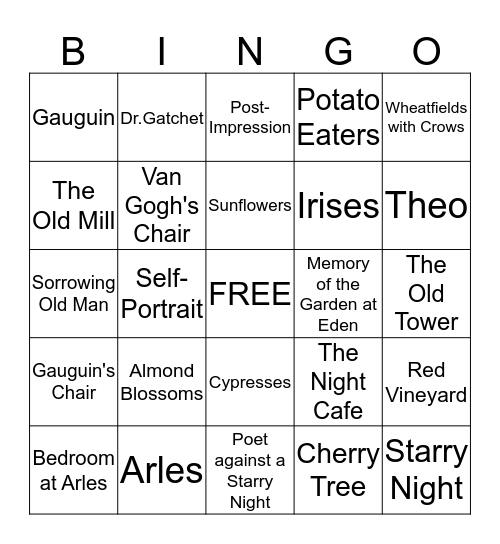 Van Gogh Bingo Card