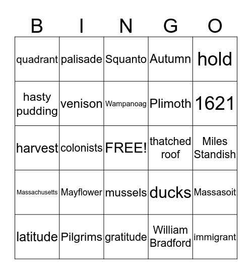 First Thanksgiving Vocab Bingo Card