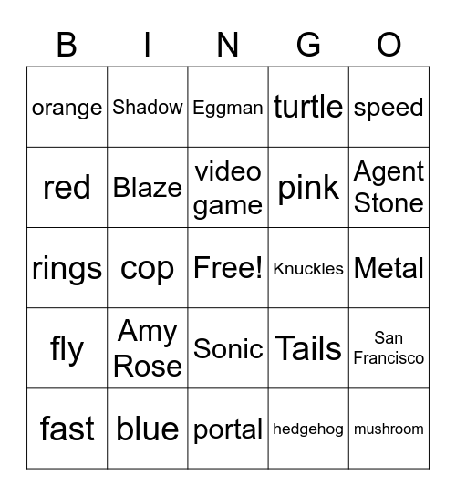 Sonic Bingo Card