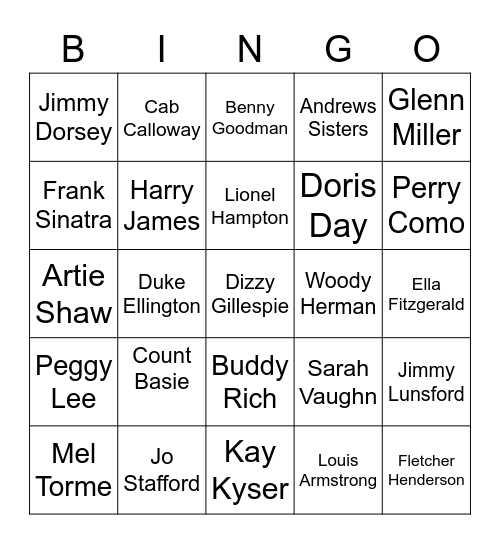 Big Band & Swing Bingo Card