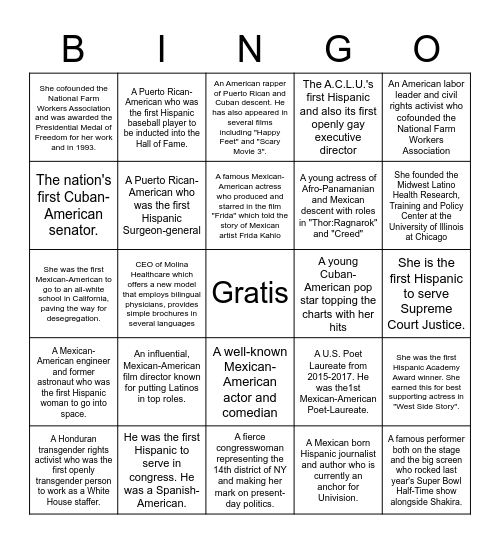 El mes de la herencia hispana Bingo Card