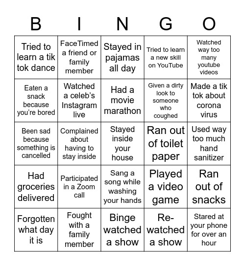 Quarantine Bingo Card