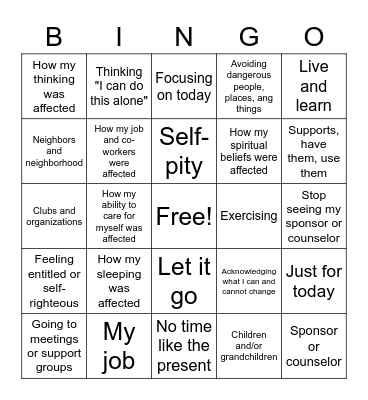 Recovery BINGO Card