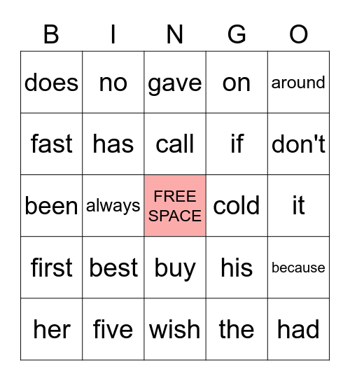 Sight Word Bingo Card