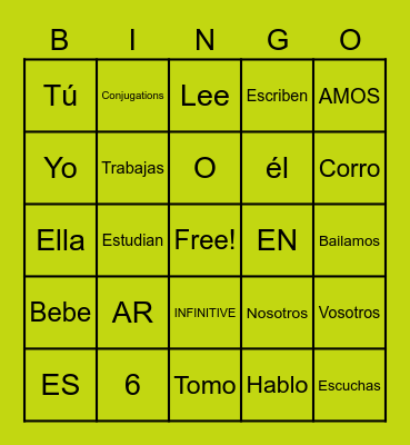 Spanish Verbs Bingo Card