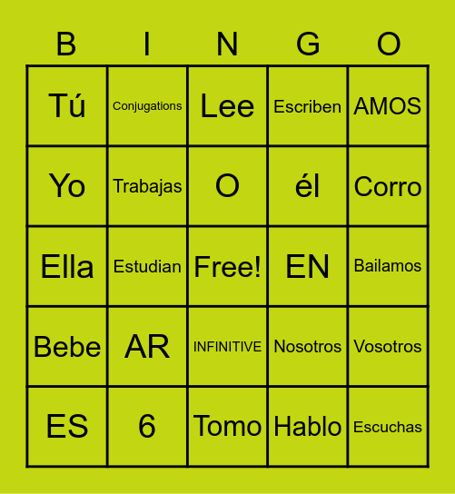 Spanish Verbs Bingo Card
