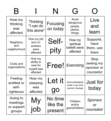 Recovery BINGO Card