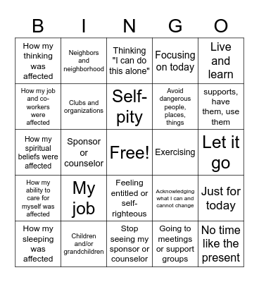 Recovery BINGO Card