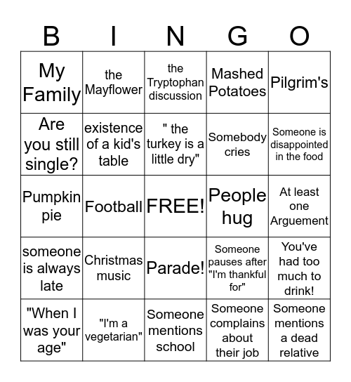 Family Thanksgiving  Bingo Card