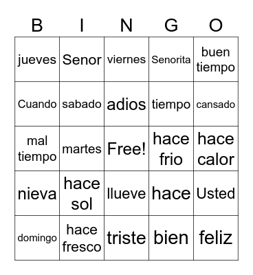 Spanish Bingo Card