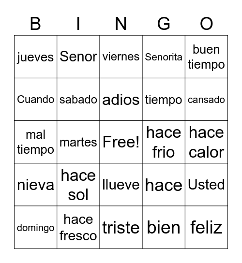 Spanish Bingo Card