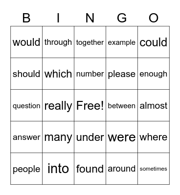 sight word bingo Card