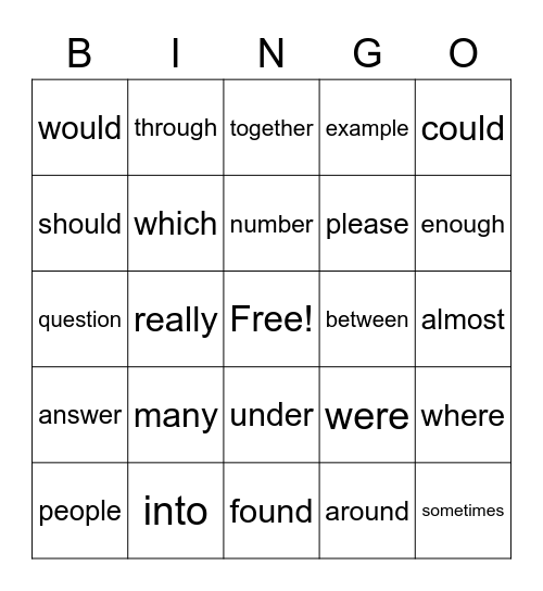 sight word bingo Card