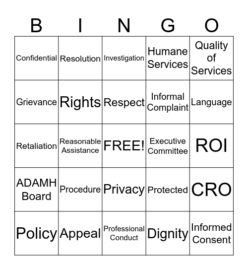 Client Rights BINGO Card
