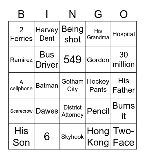 The Dark Knight Bingo Card