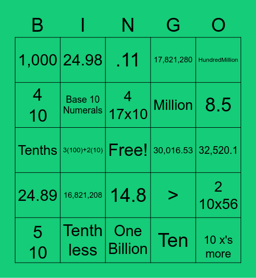 Place Value Bingo Unit 1 Bingo Card