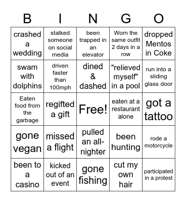 NEVER HAVE I EVER Bingo Card