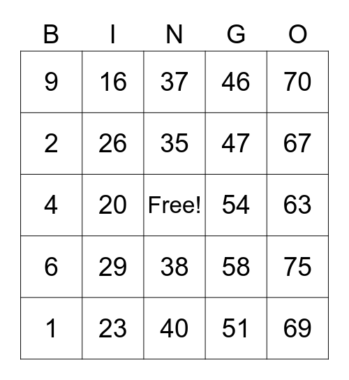 NUMBER BINGO 1-75 Bingo Card
