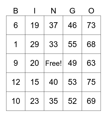NUMBER BINGO 1-75 Bingo Card