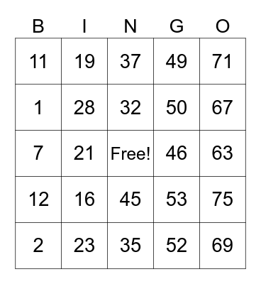 NUMBER BINGO 1-75 Bingo Card