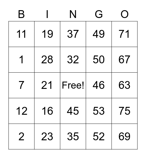 NUMBER BINGO 1-75 Bingo Card