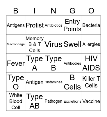 Immune System Vocabulary Review Bingo Card