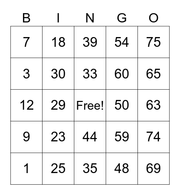 NUMBER BINGO 1-75 Bingo Card