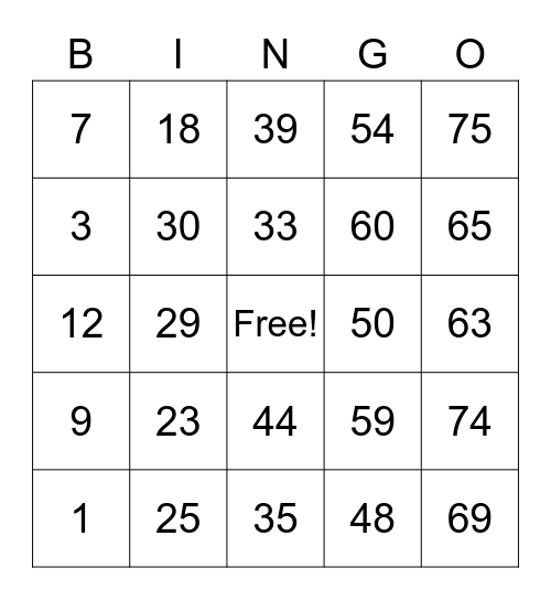 NUMBER BINGO 1-75 Bingo Card