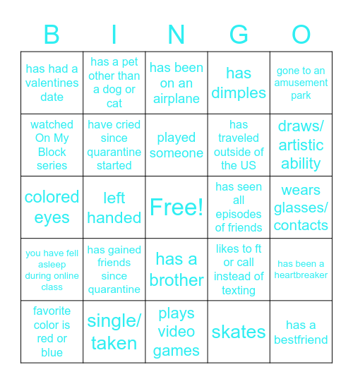 Getting to know you Bingo Card