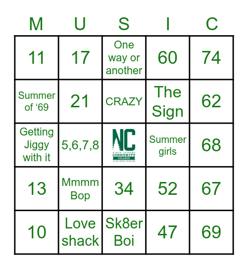 NCCC Music Bingo Fall 2020 Bingo Card