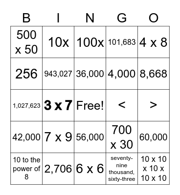 Place Value BINGO Card