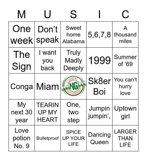 NCCC Bingo Night: Music Edition Bingo Card