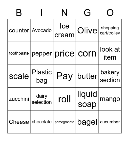 Grocery shopping Bingo Card