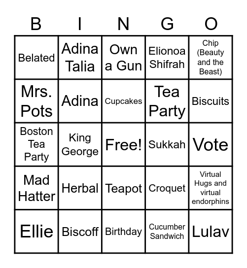 Tea Party Bingo Card